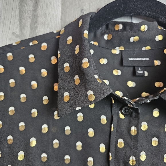 Who What Wear Black Gold Polka Dots Button Down Collared Top Blouse Long Sleeve - Picture 4 of 8